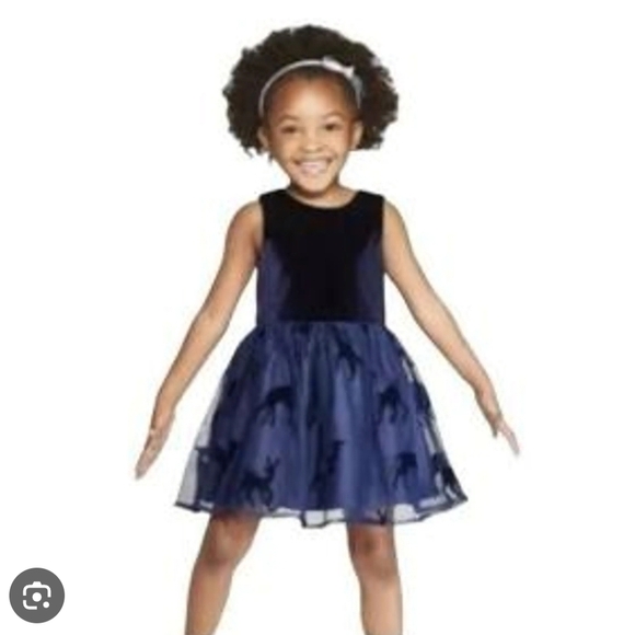 Cat & Jack Other - Cat & Jack navy blue velvet and tulle dress with a deer pattern
